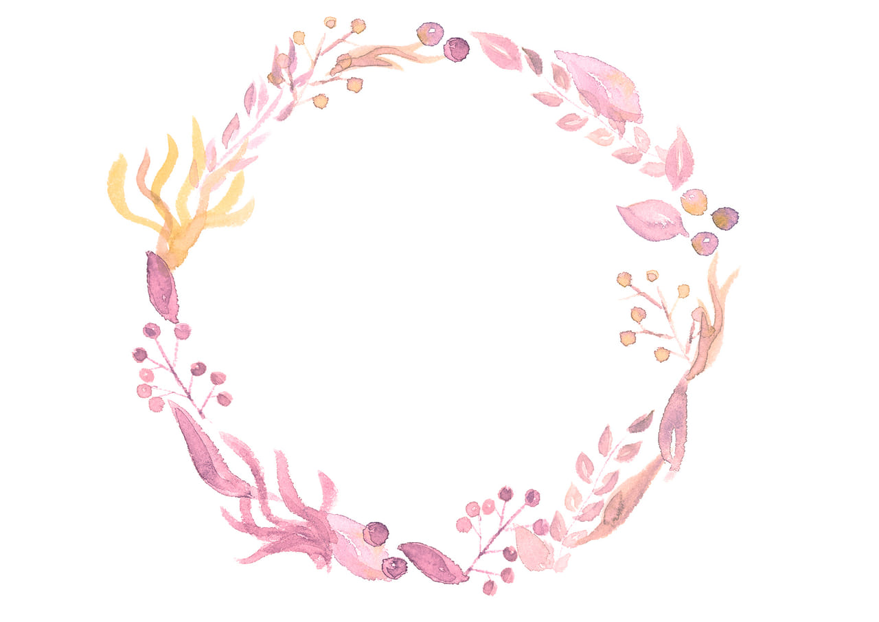 手書きイラスト無料｜水彩　葉っぱ　円フレーム　ピンク色