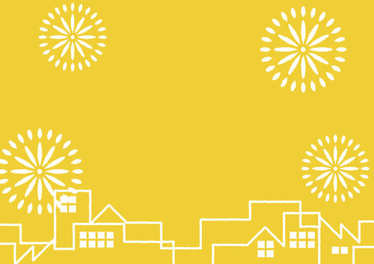 シンプルイラスト無料 夏祭り 町並み 花火 黄色 背景 公式