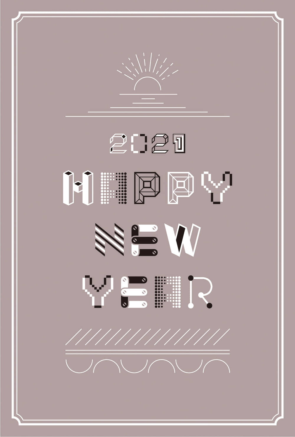 年賀状21デザイン 文字と線 かわいい 茶色 縦型 イラストデータ 公式 イラスト素材サイト イラストダウンロード