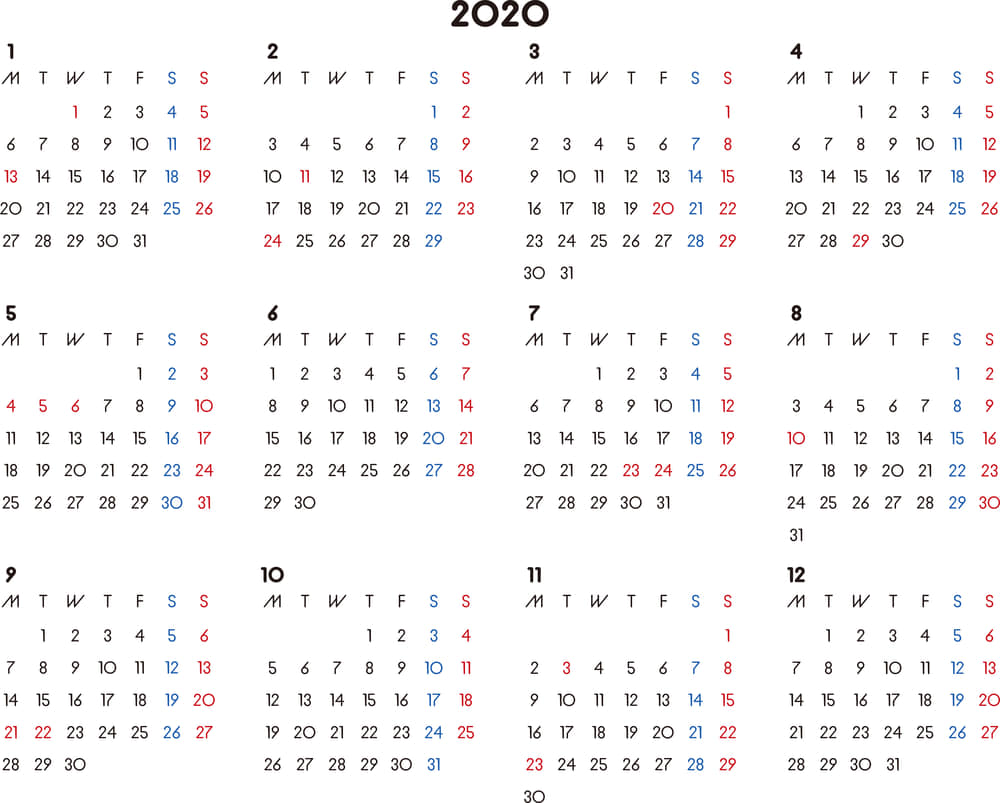 カレンダー 無料 シンプルなカレンダー 横型 月曜始まり 公式 イラストダウンロード