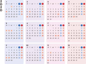カレンダー 2020 無料｜シンプルなカレンダー　カラフル　横型（月曜始まり）