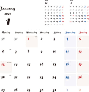 カレンダー 2020 無料｜1月　シンプルなカレンダー　手書き風　A4　1ヶ月毎（月曜始まり）