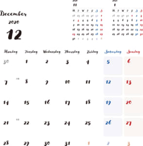 カレンダー 2020 無料｜12月　シンプルなカレンダー　手書き風　A4　1ヶ月毎（月曜始まり）