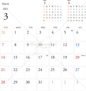 イラストデータ販売｜カレンダー 2021　最新の祝日｜3月　シンプルなカレンダー　A4　1ヶ月毎（日曜始まり）