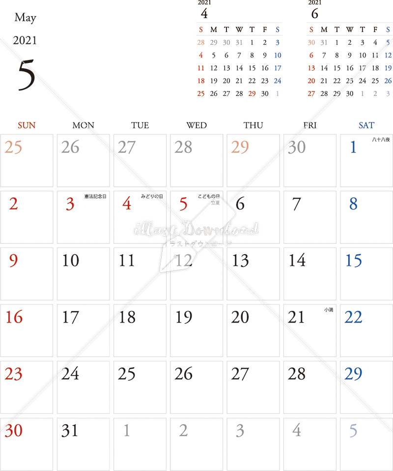 イラストデータ販売 カレンダー 21 最新の祝日 5月 シンプルなカレンダー 1ヶ月毎 日曜始まり 公式 イラストダウンロード