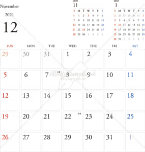 イラストデータ販売｜カレンダー 2021　最新の祝日｜12月　シンプルなカレンダー　A4　1ヶ月毎（日曜始まり）