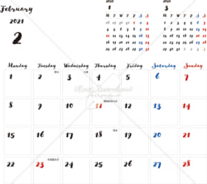 イラストデータ販売｜カレンダー 2021　最新の祝日｜2月　シンプルなカレンダー　手書き風　A4　1ヶ月毎（月曜始まり）