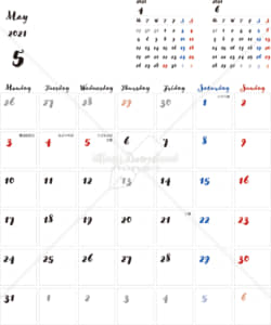 イラストデータ販売｜カレンダー 2021　最新の祝日｜5月　シンプルなカレンダー　手書き風　A4　1ヶ月毎（月曜始まり）