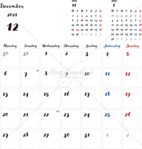 イラストデータ販売｜カレンダー 2021　最新の祝日｜12月　シンプルなカレンダー　手書き風　A4　1ヶ月毎（月曜始まり）