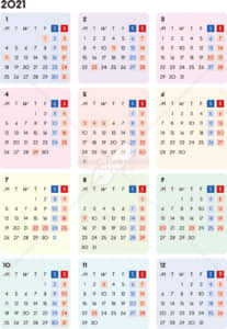 イラストデータ販売｜カレンダー 2021　最新の祝日｜シンプルなカレンダー　A4　カラフル（月曜始まり）