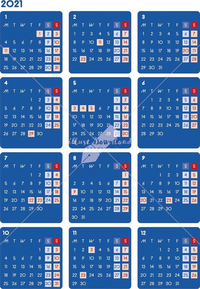 イラストデータ販売 カレンダー 21 最新の祝日 シンプルなカレンダー ダーク 月曜始まり イラストダウンロード