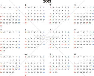 イラストデータ販売｜カレンダー 2021　最新の祝日｜シンプルなカレンダー　A4　横型（日曜始まり）