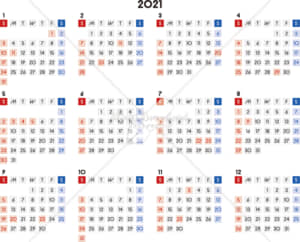 イラストデータ販売｜カレンダー 2021　最新の祝日｜シンプルなカレンダー　A4　四角バージョン　横型（日曜始まり）