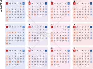イラストデータ販売｜カレンダー 2021　最新の祝日｜シンプルなカレンダー　A4　カラフル　横型（日曜始まり）