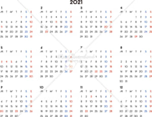 イラストデータ販売｜カレンダー 2021　最新の祝日｜シンプルなカレンダー　A4　横型（月曜始まり）