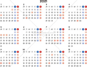 イラストデータ販売｜カレンダー 2021　最新の祝日｜シンプルなカレンダー　A4　丸バージョン　横型（月曜始まり）