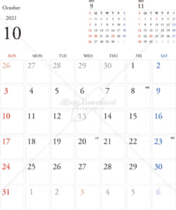 イラストデータ販売｜カレンダー 2021　最新の祝日｜10月　シンプルなカレンダー　A4　1ヶ月毎（日曜始まり）