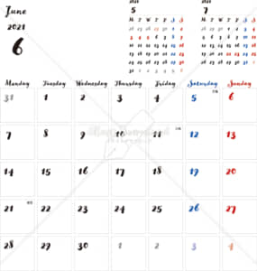 イラストデータ販売｜カレンダー 2021　最新の祝日｜6月　シンプルなカレンダー　手書き風　A4　1ヶ月毎（月曜始まり）