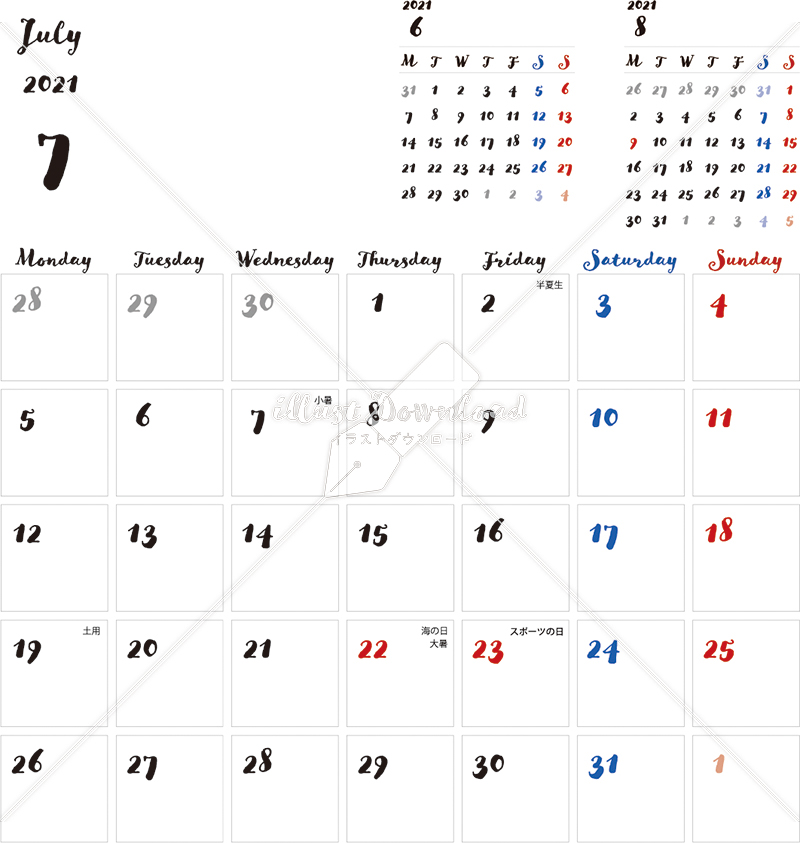イラストデータ販売 カレンダー 21 最新の祝日 7月 シンプルなカレンダー 手書き風 1ヶ月毎 月曜始まり 公式 イラスト素材サイト イラストダウンロード