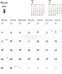 イラストデータ販売｜カレンダー 2021　最新の祝日｜8月　シンプルなカレンダー　手書き風　A4　1ヶ月毎（月曜始まり）