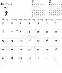 イラストデータ販売｜カレンダー 2021　最新の祝日｜9月　シンプルなカレンダー　手書き風　A4　1ヶ月毎（月曜始まり）
