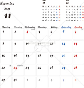 イラストデータ販売｜カレンダー 2021　最新の祝日｜11月　シンプルなカレンダー　手書き風　A4　1ヶ月毎（月曜始まり）