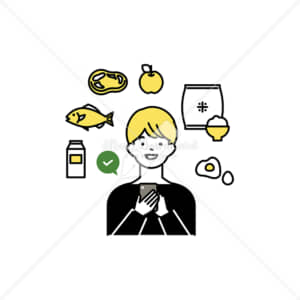 イラストデータ販売｜スマートフォンで生鮮食品を注文する男性　イラストデータ