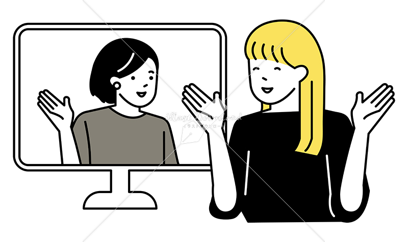 イラストデータ販売｜パソコンの画面越しに会話をする女性　2人　イラストデータ