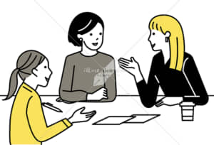 イラストデータ販売｜ミーティングをする女性　3人　イラストデータ
