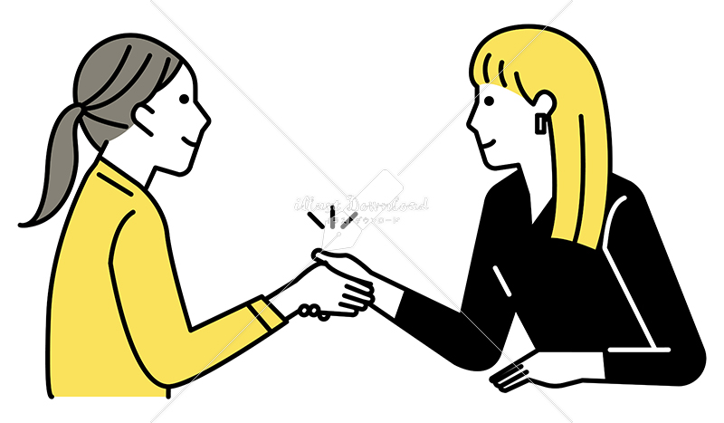 イラストデータ販売｜ミーティングをする女性　2人　握手　イラストデータ