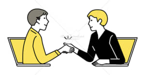 イラストデータ販売｜テレワーク　ミーティングをする男性　2人　握手　イラストデータ