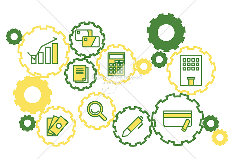 イラストデータ販売｜お金と社会の繋がり　歯車　シンプルなアイコン　　黄色の緑色　イラストデータ