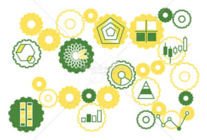 イラストデータ販売｜シンプルなグラフのイラストと歯車　黄色と緑色　イラストデータ