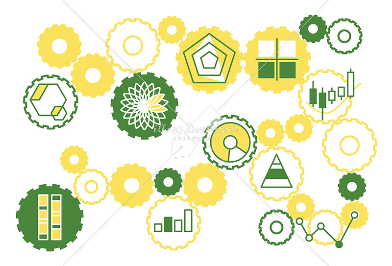 イラストデータ販売 シンプルなグラフのイラストと歯車 黄色と緑色 イラストデータ 公式 イラスト素材サイト イラストダウンロード