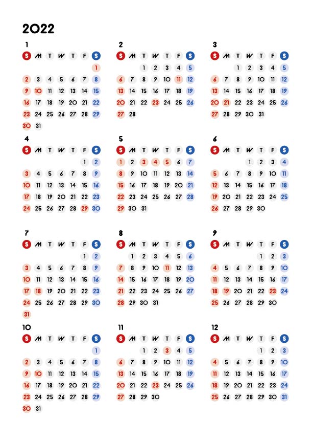 カレンダー無料｜2022年度　シンプルなカレンダー　A4　丸バージョン　（日曜始まり）