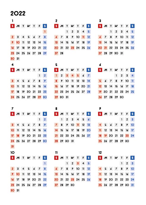 カレンダー無料｜2022年度　シンプルなカレンダー　A4　四角バージョン　（日曜始まり）