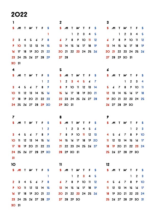 カレンダー無料｜2022年度　シンプルなカレンダー　A4　（日曜始まり）