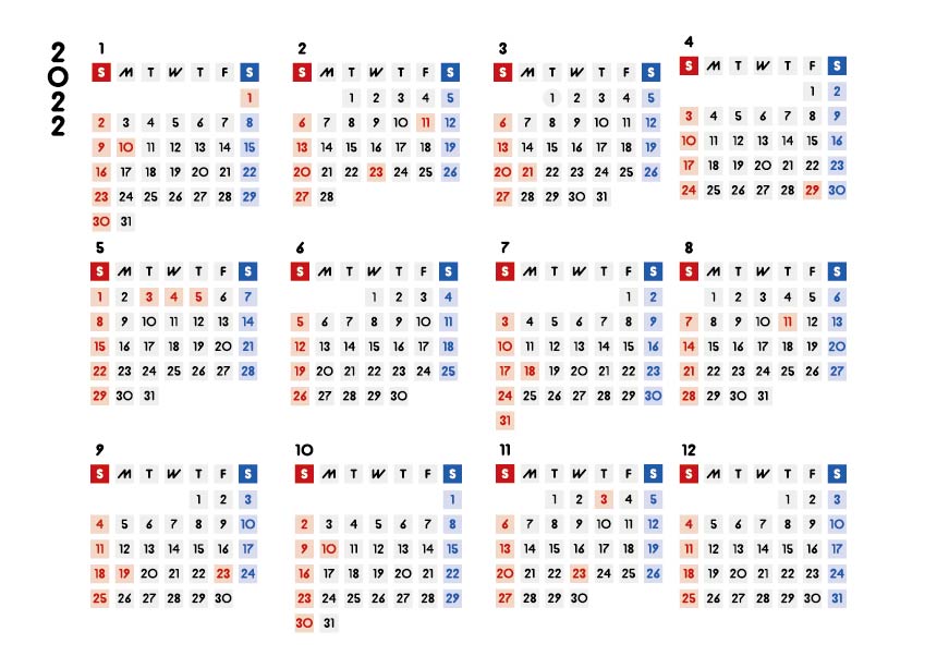 カレンダー無料｜2022年度　シンプルなカレンダー　A4　四角バージョン　横向き（日曜始まり）