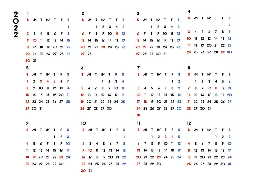 カレンダー無料｜2022年度　シンプルなカレンダー　A4　横向き（日曜始まり）