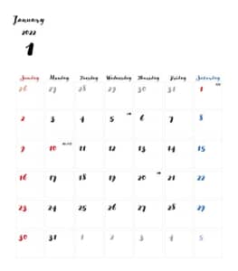 カレンダー無料｜2022年度　1月　シンプルなカレンダー　手書き風　1ヶ月毎（日曜始まり）