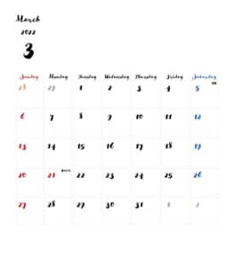 カレンダー無料｜2022年度　3月　シンプルなカレンダー　手書き風　1ヶ月毎（日曜始まり）