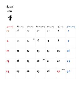 カレンダー無料｜2022年度　4月　シンプルなカレンダー　手書き風　1ヶ月毎（日曜始まり）