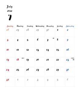 カレンダー無料｜2022年度　7月　シンプルなカレンダー　手書き風　1ヶ月毎（日曜始まり）