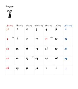 カレンダー無料｜2022年度　8月　シンプルなカレンダー　手書き風　1ヶ月毎（日曜始まり）