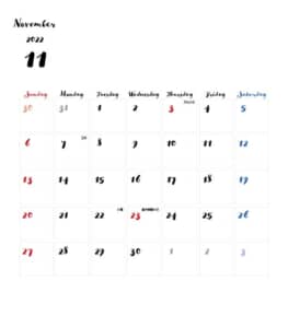 カレンダー無料｜2022年度　11月　シンプルなカレンダー　手書き風　1ヶ月毎（日曜始まり）