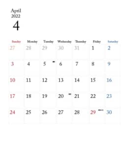 カレンダー無料｜2022年度　4月　シンプルなカレンダー　1ヶ月毎（日曜始まり）