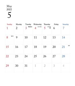 カレンダー無料｜2022年度　5月　シンプルなカレンダー　1ヶ月毎（日曜始まり）