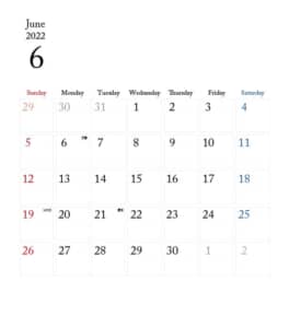 カレンダー無料｜2022年度　6月　シンプルなカレンダー　1ヶ月毎（日曜始まり）