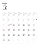カレンダー無料｜2022年度　10月　シンプルなカレンダー　1ヶ月毎（日曜始まり）
