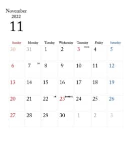 カレンダー無料｜2022年度　11月　シンプルなカレンダー　1ヶ月毎（日曜始まり）